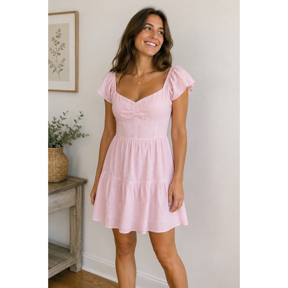 Hollister Pink Babydoll Floral Dress Smoking Swiss Dot Romantic Sz Small